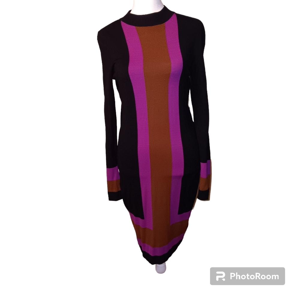 Black fitted with pink stripes sweater dress -- size small